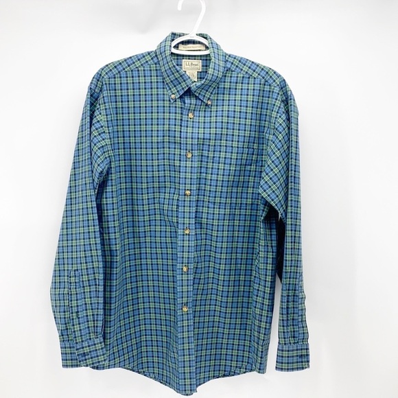 L.L. BEAN wrinkle resistant 100% cotton green blue plaid button down - Picture 1 of 6